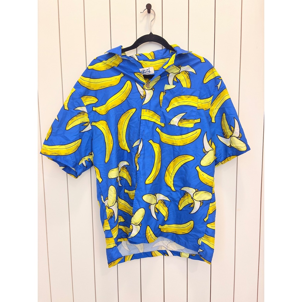 Uzzi Tropical Banana Print Button Down Men M Blue Short Sleeve Retro Resort
